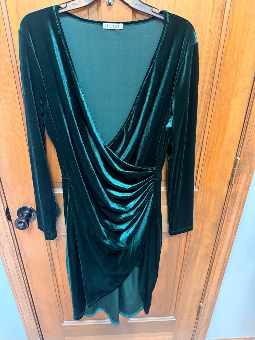 Huhot Deep Green Velvet Drape Wrap Long Sleeve Dress